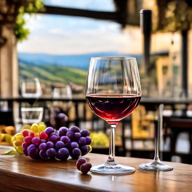 a glass of wine next to a bunch of grapes and grapes