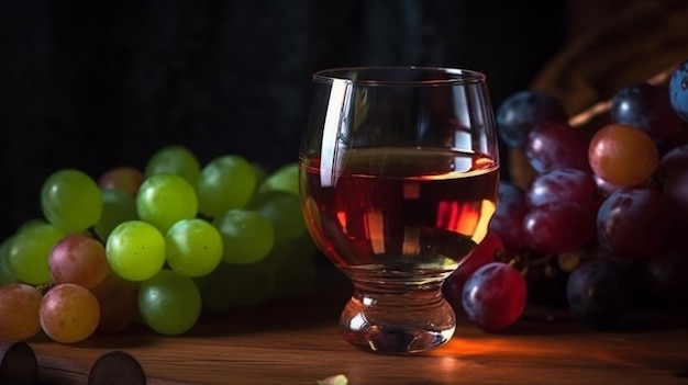 A glass of wine next to a bunch of grapes