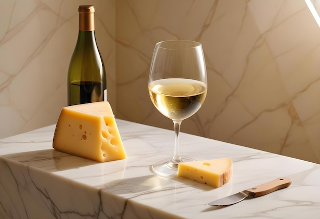 a glass of wine and cheese and a bottle of wine next to a knife and cheese