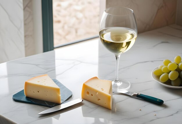 a glass of wine and cheese and a knife on a table