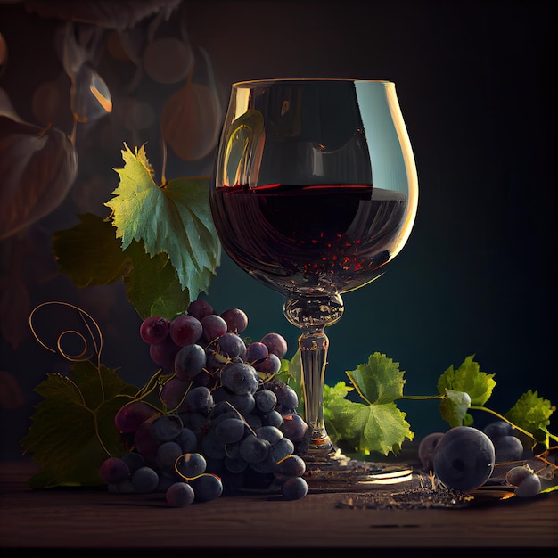 A glass of wine and grapes with grapes on the table.