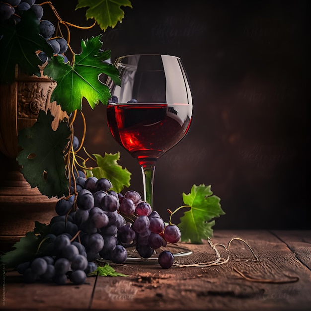 A glass of wine and grapes with a vine on the right side.