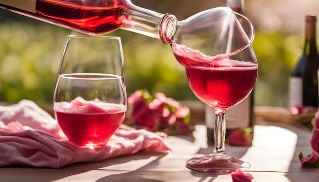 a glass of wine is filled with red liquid