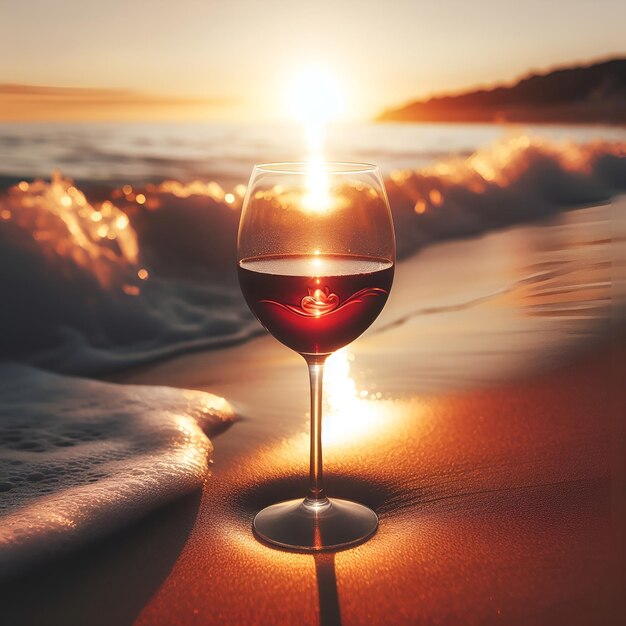 a glass of wine is half full of the sun shining on the beach