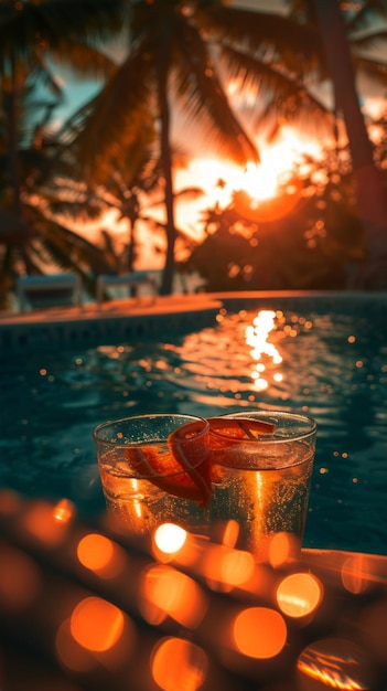 A glass of wine is seen resting on top of a table next to a refreshing pool