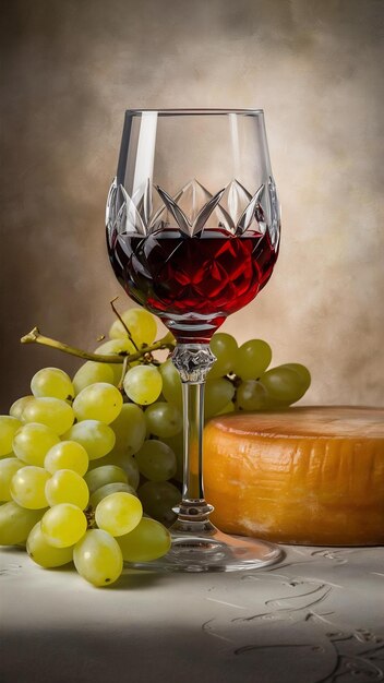 Photo glass of wine near grapes and cheese