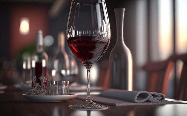 A glass of wine in the restaurant background. ai generated