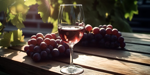 A glass of wine sits on a table next to a bunch of grapes.