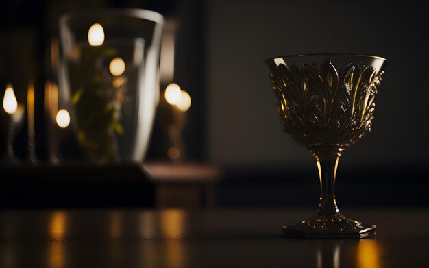 A glass of wine sits on a table in front of candles