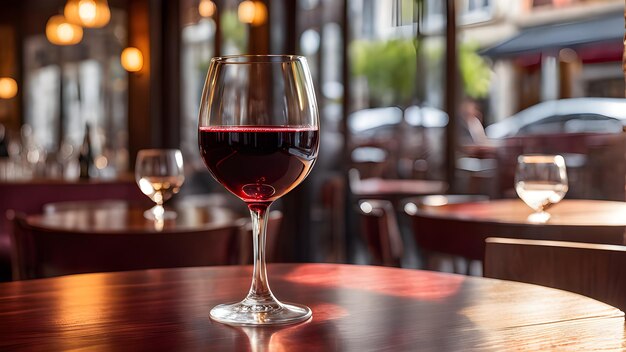 a glass of wine sits on a table next to a glass of wine