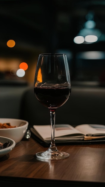 a glass of wine sits on a table with a plate of food and a bowl of food