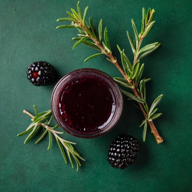 a glass of wine and some blackberries on a green table