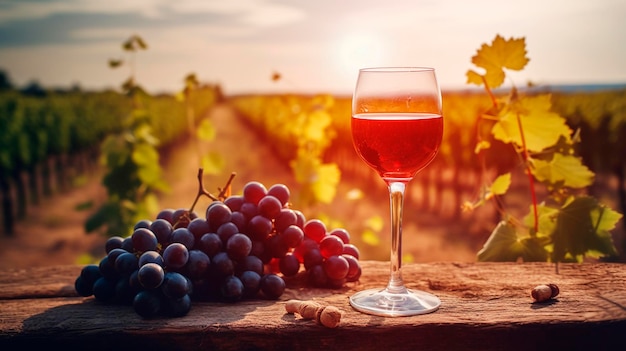 A glass of wine stands on a table with a bunch of grapes overlooking a sunny summer field with vineyards Generative AI