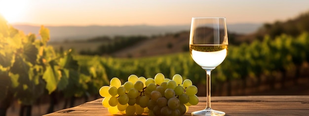 A glass of wine stands on a table with a bunch of grapes overlooking a sunny summer field with vineyards Generative AI