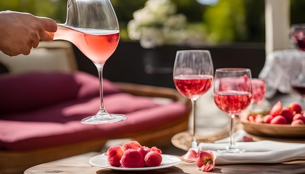 a glass of wine next to two wine glasses with strawberries on a table