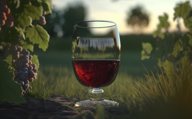 A glass of wine in the vineyard background. ai generated