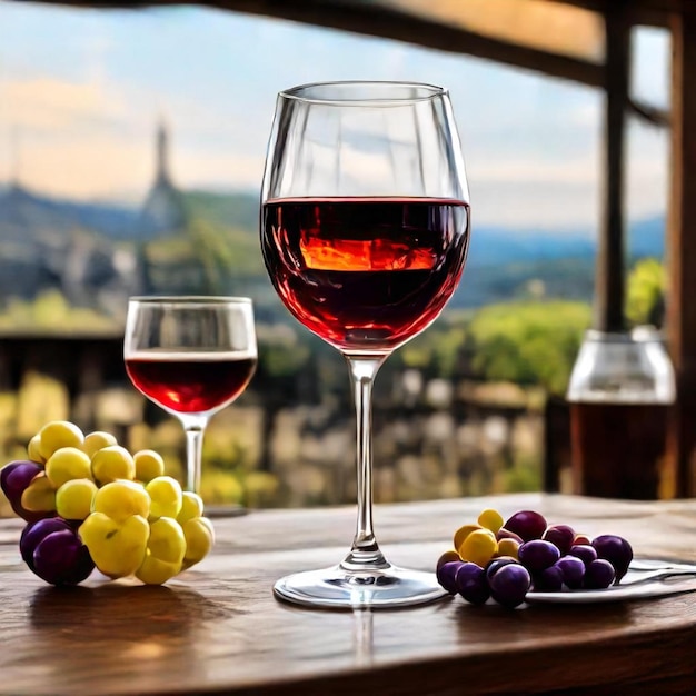 a glass of wine next to a wine glass and grapes