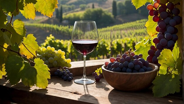 a glass of wine next to a wine glass and grapes