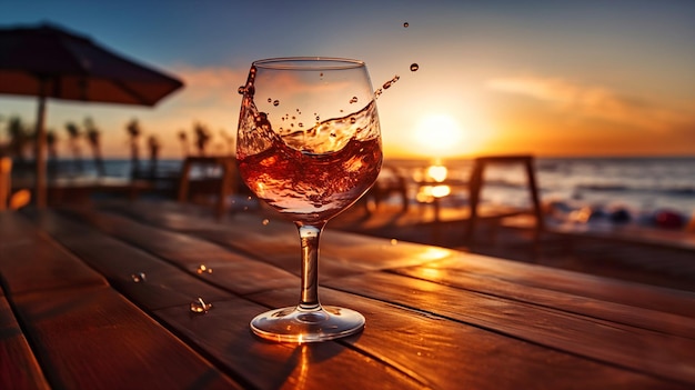 glass of wine wine splash in glass on wooden tandle on front sunset beach and sea