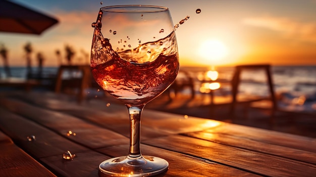 glass of wine wine splash in glass on wooden tandle on front sunset beach and sea