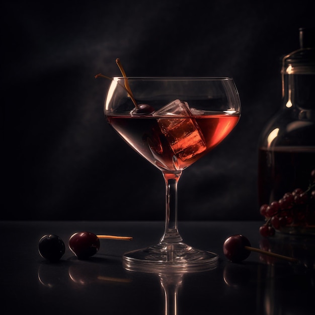 A glass of wine with a bottle of cherries on the table.