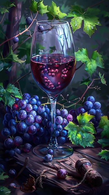 a glass of wine with a bunch of grapes in it