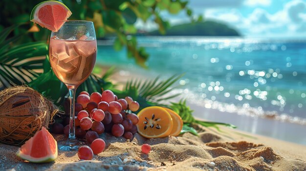 Photo glass of wine with fruit on tropical beach sand