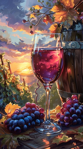 a glass of wine with grapes and a basket of grapes