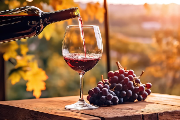 Glass of wine with grapes on a sunny background