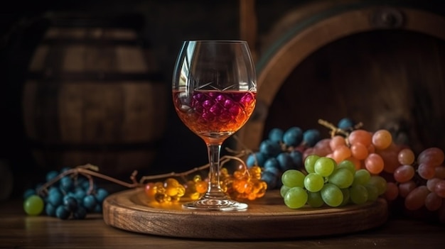 A glass of wine with grapes on a wooden table