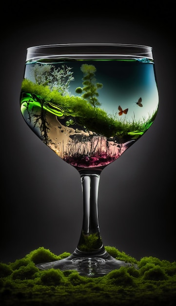 A glass of wine with a picture of a butterfly and the word " garden " on it.