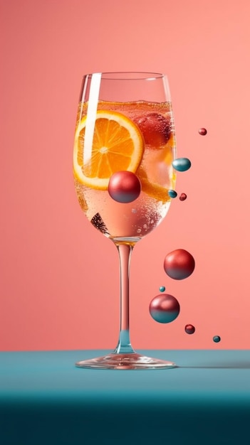 A glass of wine with a red pearl and oranges floating on it.