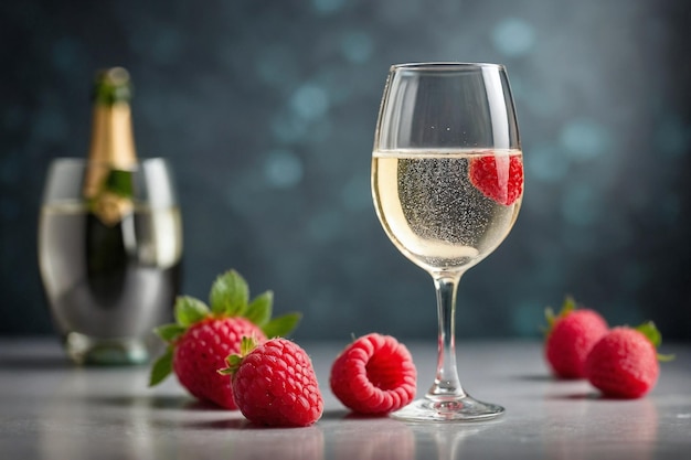 a glass of wine with strawberries and a bottle of wine