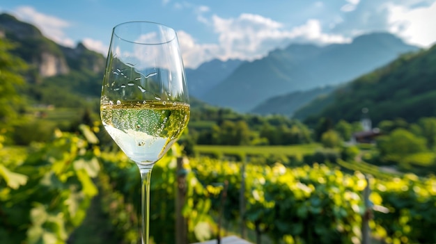 Photo a glass of wine with a view of the mountains in the background