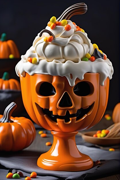 Photo a glass with a 3d rendering of a halloweenstyle pumpkin