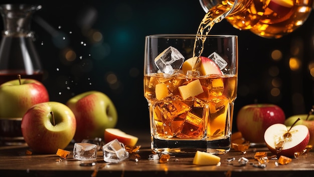 A glass with apple slices and ice being poured with amber colored liquid