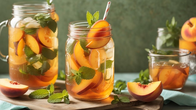 A glass with apple slices and ice being poured with amber colored liquid