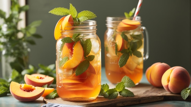 A glass with apple slices and ice being poured with amber colored liquid