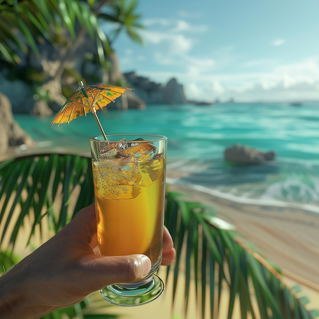 Photo a glass with a beach and palm trees in the background