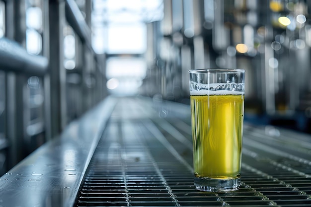 Photo glass with beer or cider on production line of factory or brewery generative ai