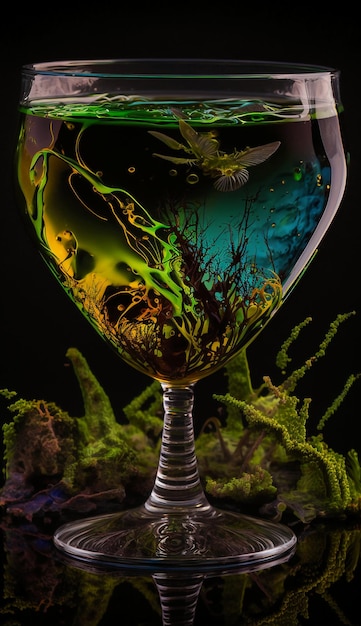 A glass with a bird on it and a green moss background.