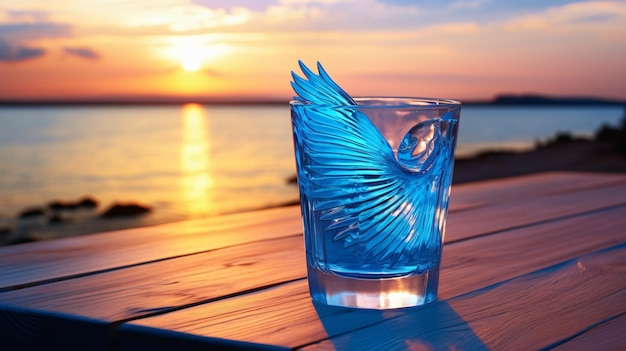 Glass with blue angel cocktail on wooden table against beach with sunset