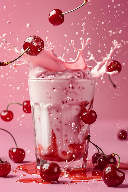 a glass with cherries and cherries in it and a pink background