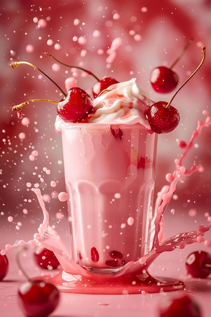 a glass with cherries and cherries in it and a red background