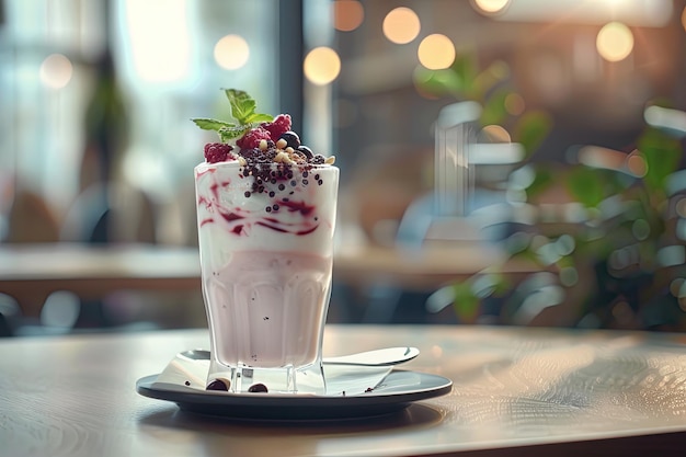 Photo glass with delicious milk shake on table indoors