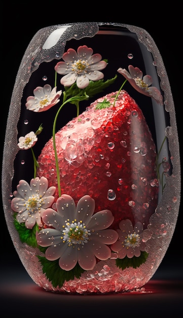 A glass with flowers and a strawberry inside