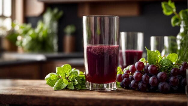 Glass with fresh grape juice in the kitchen