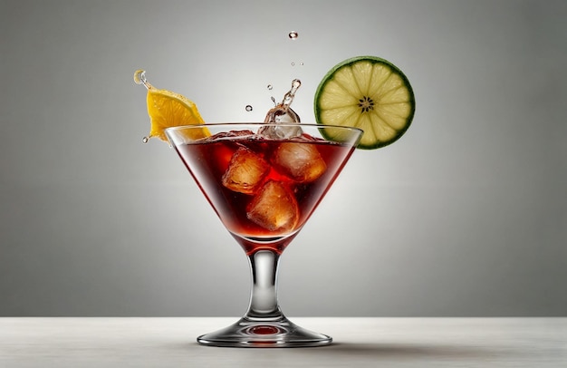 a glass with a fruit cocktail and a slice of lime