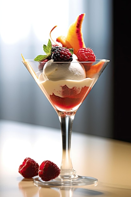 a glass with fruit and ice cream in it