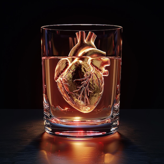 a glass with a heart inside of it that is on a table